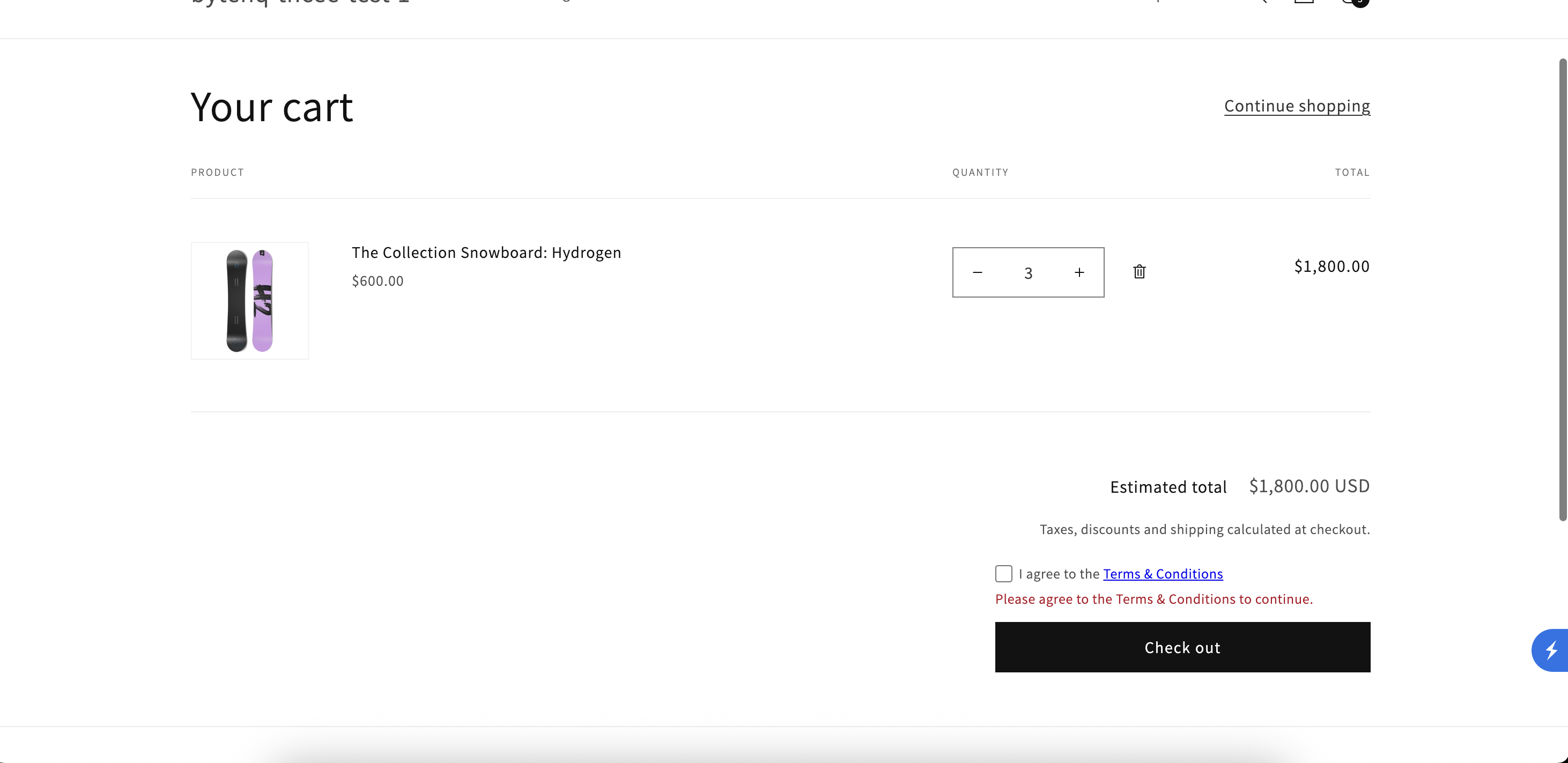 Terms checkbox on the storefront cart page
