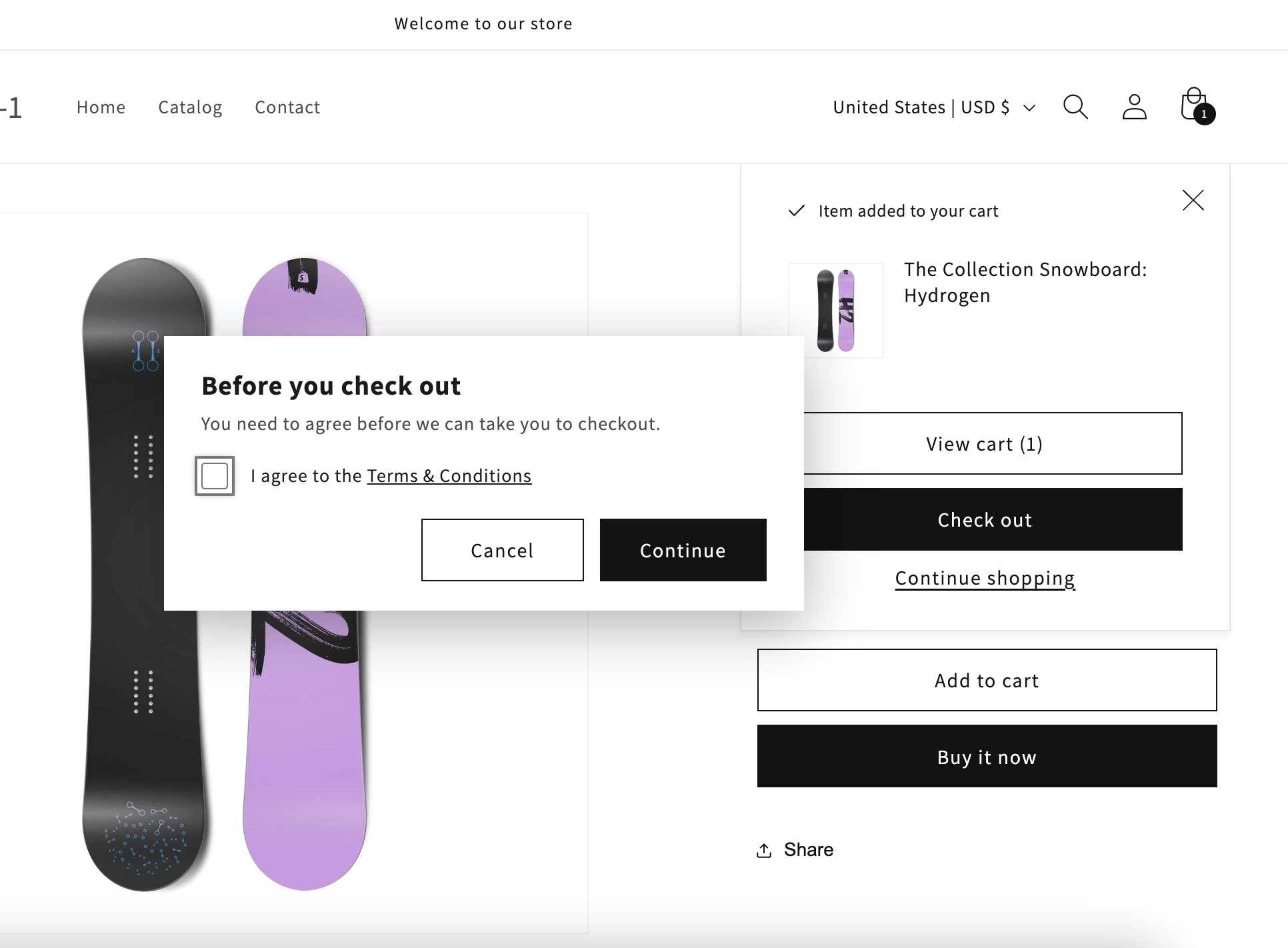 Storefront popup cart with TnCee consent