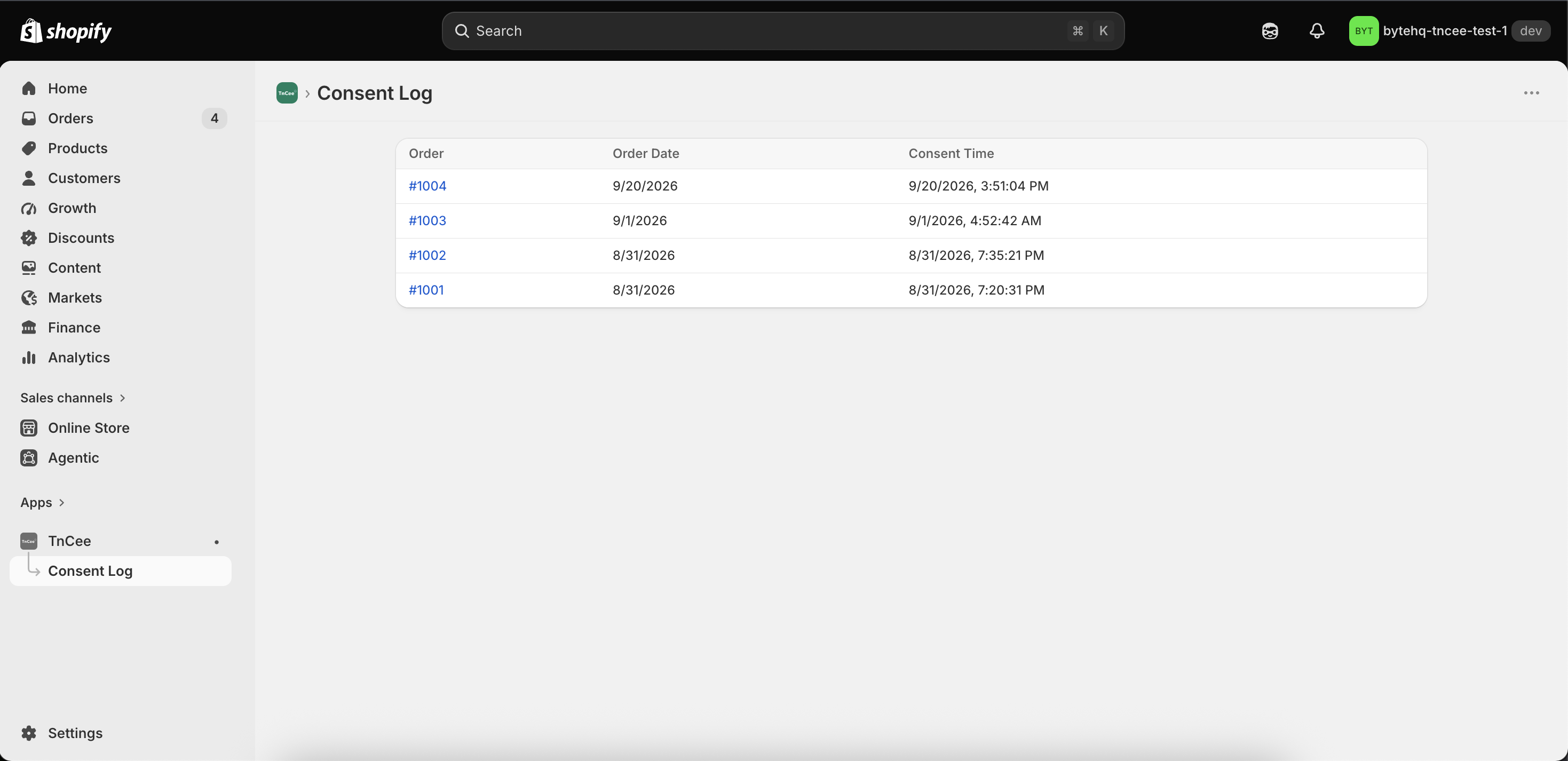 TnCee Consent Log showing a recorded order consent